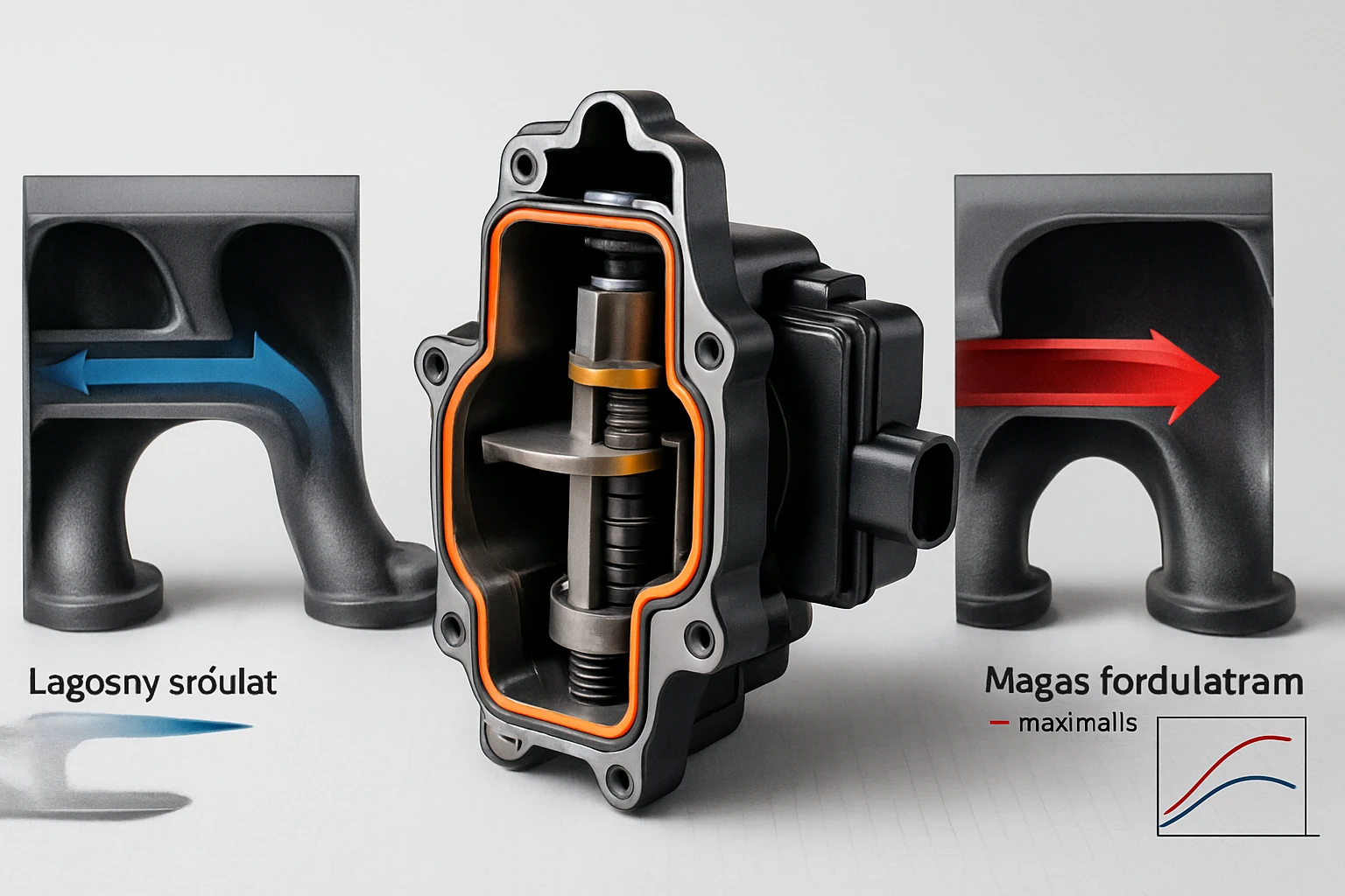 Egy motorvezérlő egység, amely a légáramlást szabályozza, bemutatva a különböző áramlási sebességeket.