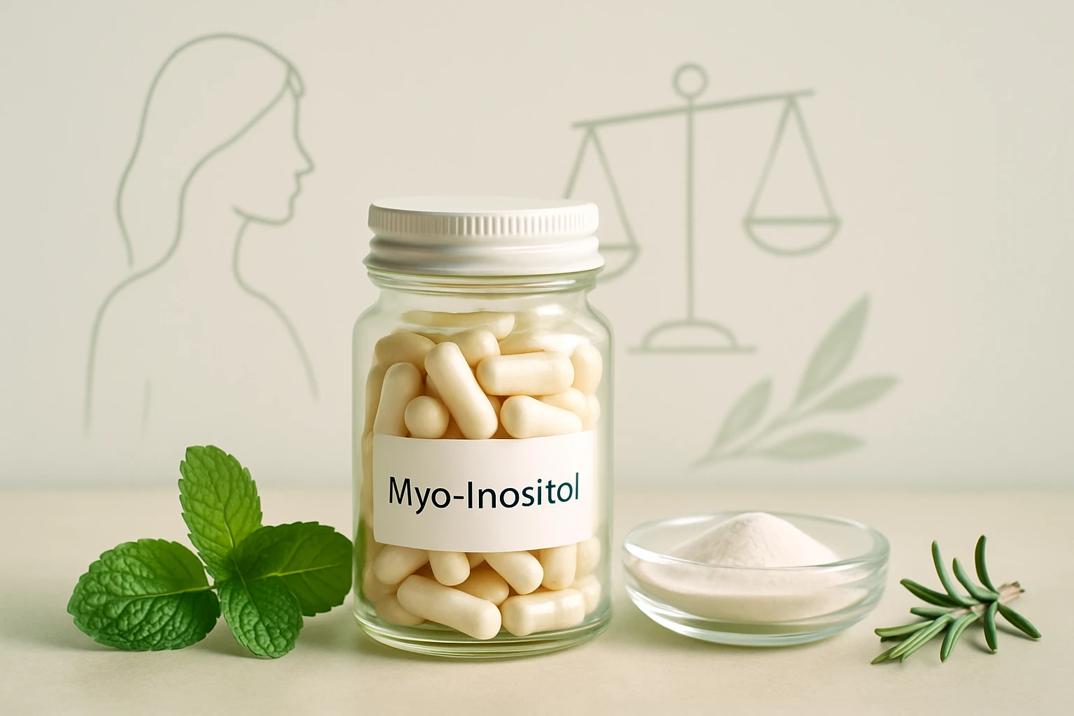 Egy üveg Myo-Inositol kapszula, mellette friss menta és por alakú anyag.