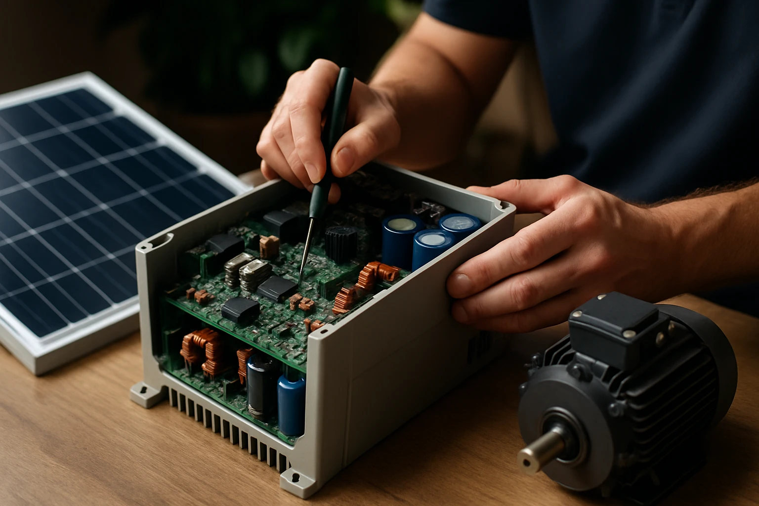 Egy férfi egy napelem vezérlőegységét szereli, miközben motor is látható mellette.