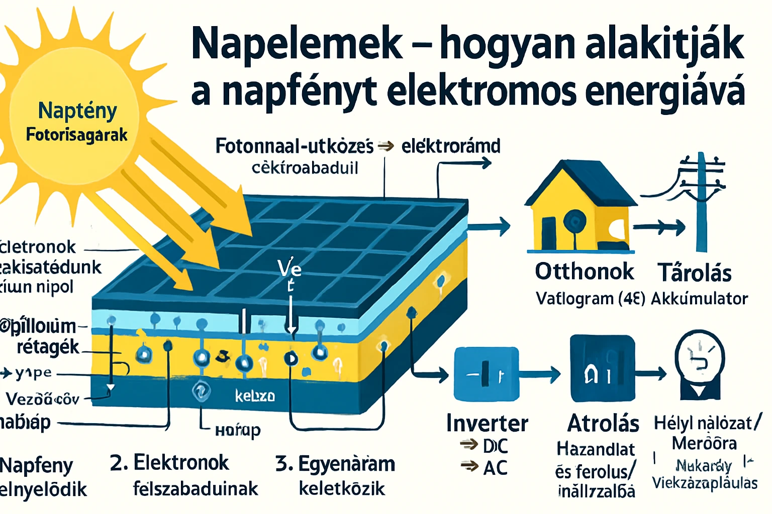 Napelemek – hogyan alakítják a napfényt elektromos energiává 4 A napelemek működését bemutató illusztráció, napfény és elektromos áram átalakulásával.