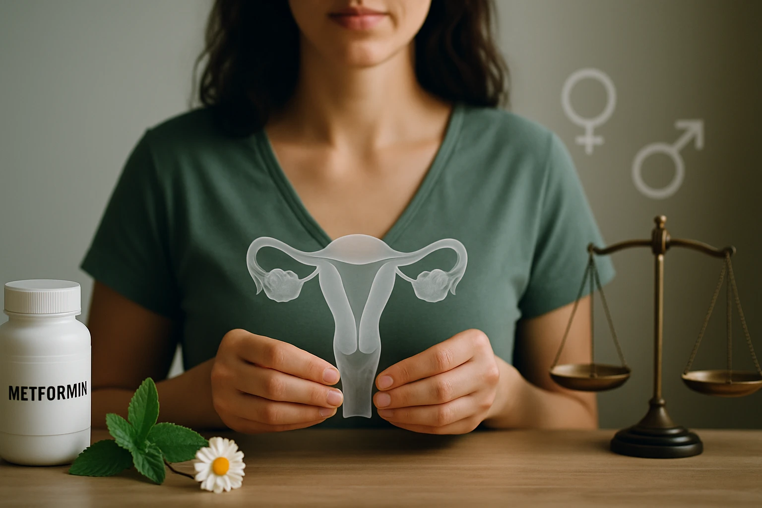 Egy nő a kezében tart egy áttetsző női reproduktív rendszert ábrázoló modellt, mellette gyógyszer és virág.