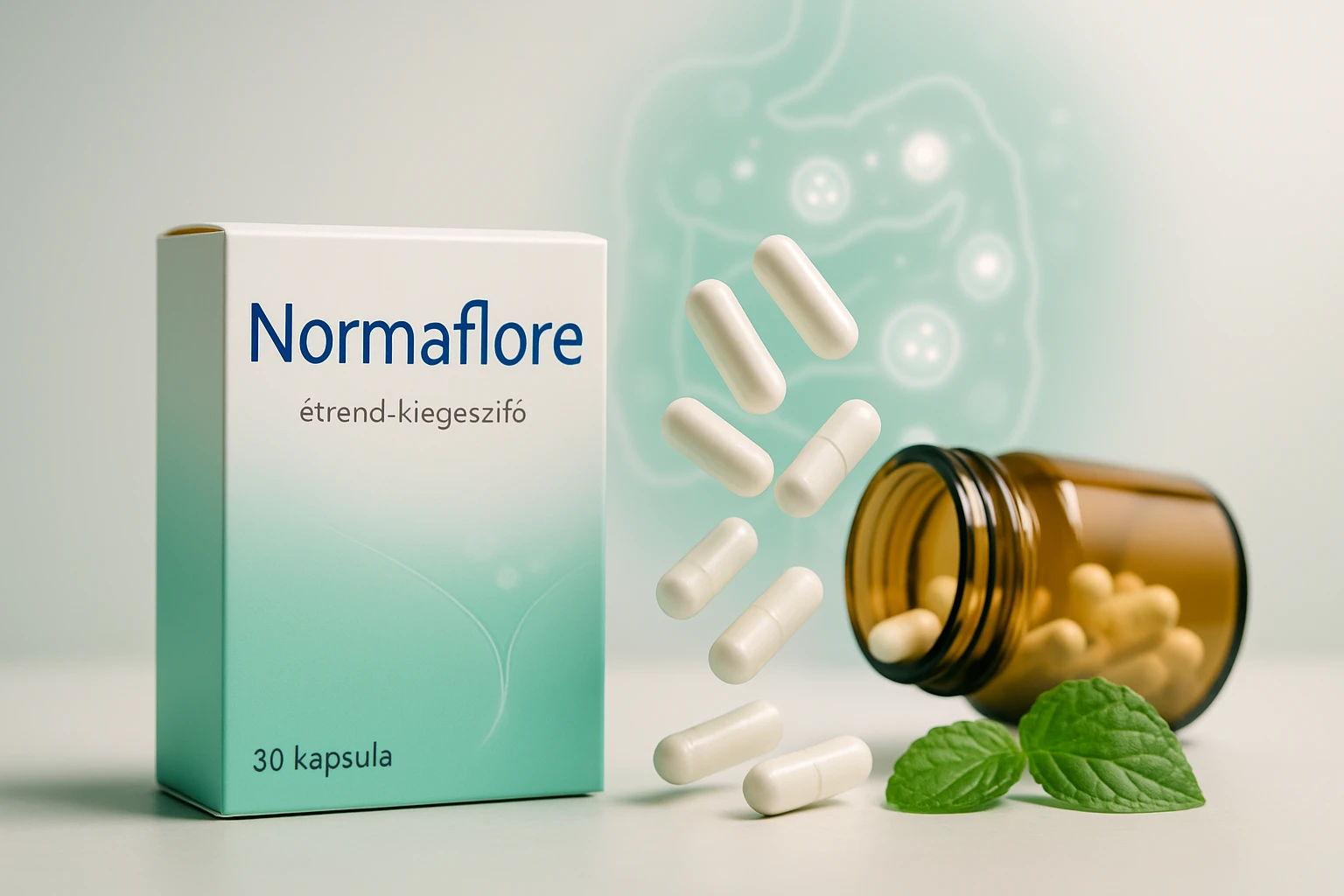 Egy Normaflore étrend-kiegészítő doboza és kapszulái, zöld háttér előtt.