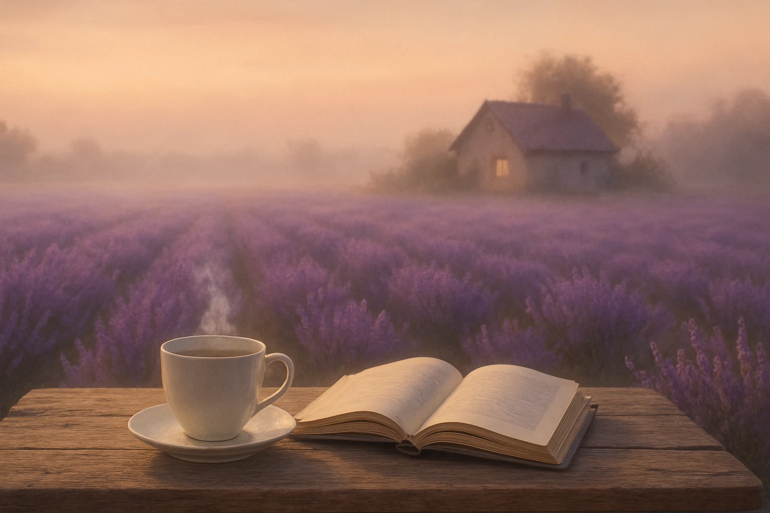 Egy gőzölgő kávé és egy nyitott könyv áll egy fából készült asztalon, háttérben levendulamezővel.