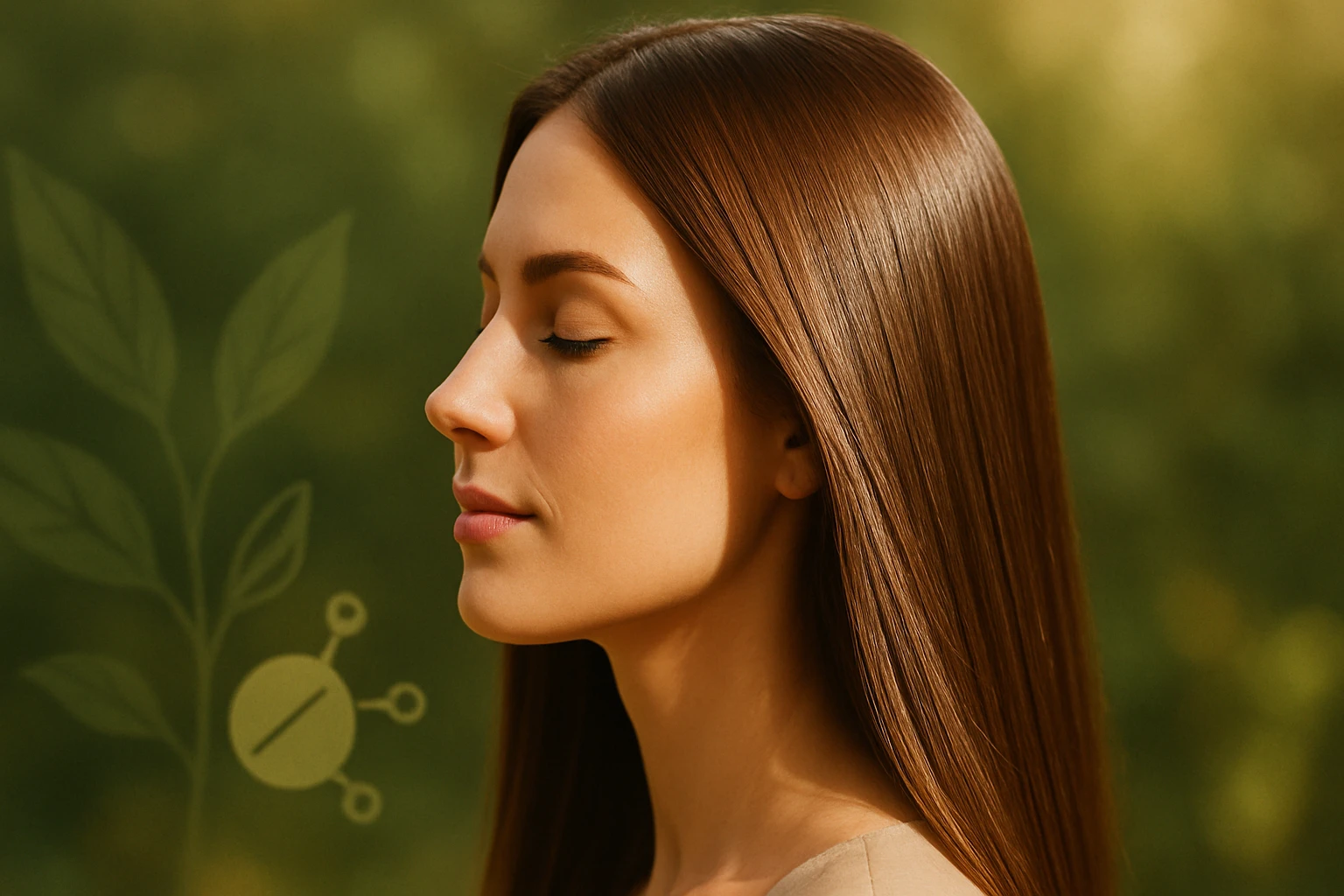 Egy nő profilja, zöld háttér előtt, szemét lehunyva, nyugodt arckifejezéssel.