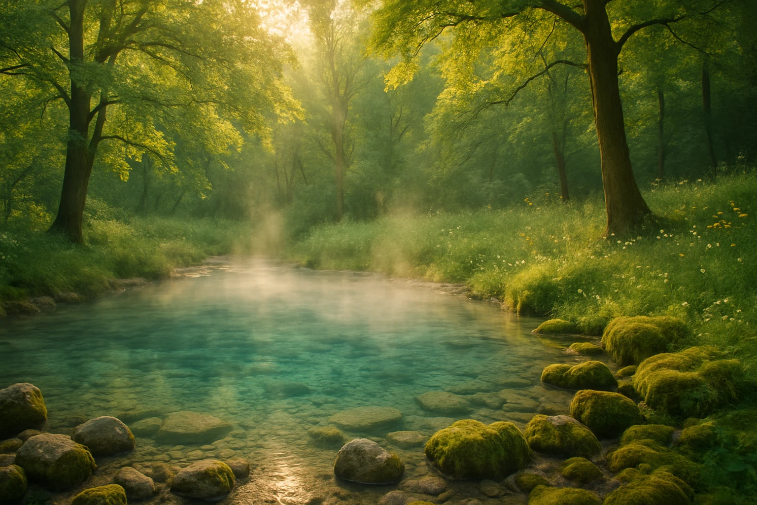 Egy nyugodt erdei tó, zöld fákkal és kövekkel körülvéve, gőzölögve.