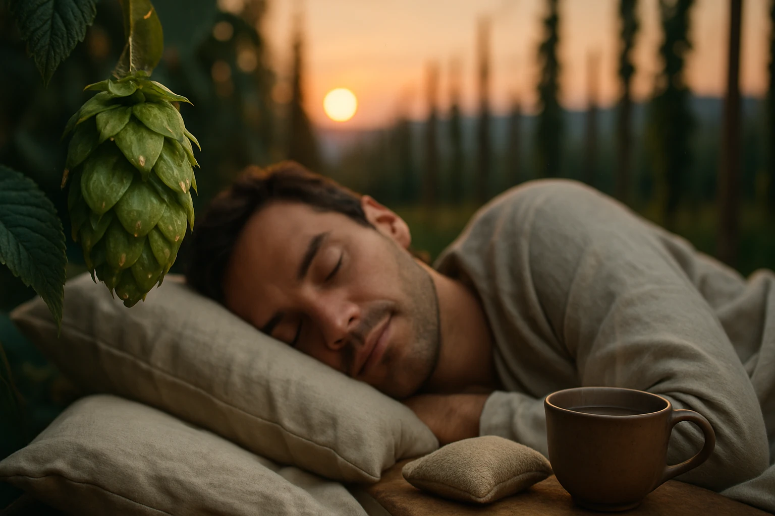 Egy fiatal férfi pihen egy mezőn, háttérben naplementével és komlóval.