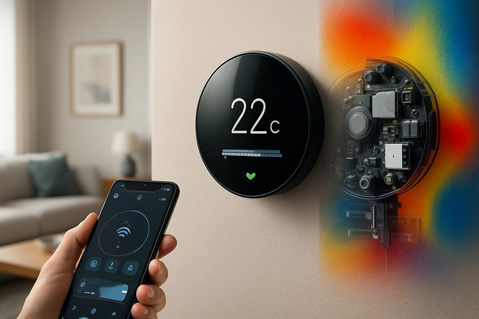 Okos termosztát, amely 22 °C hőmérsékletet mutat, okostelefonnal vezérelve.