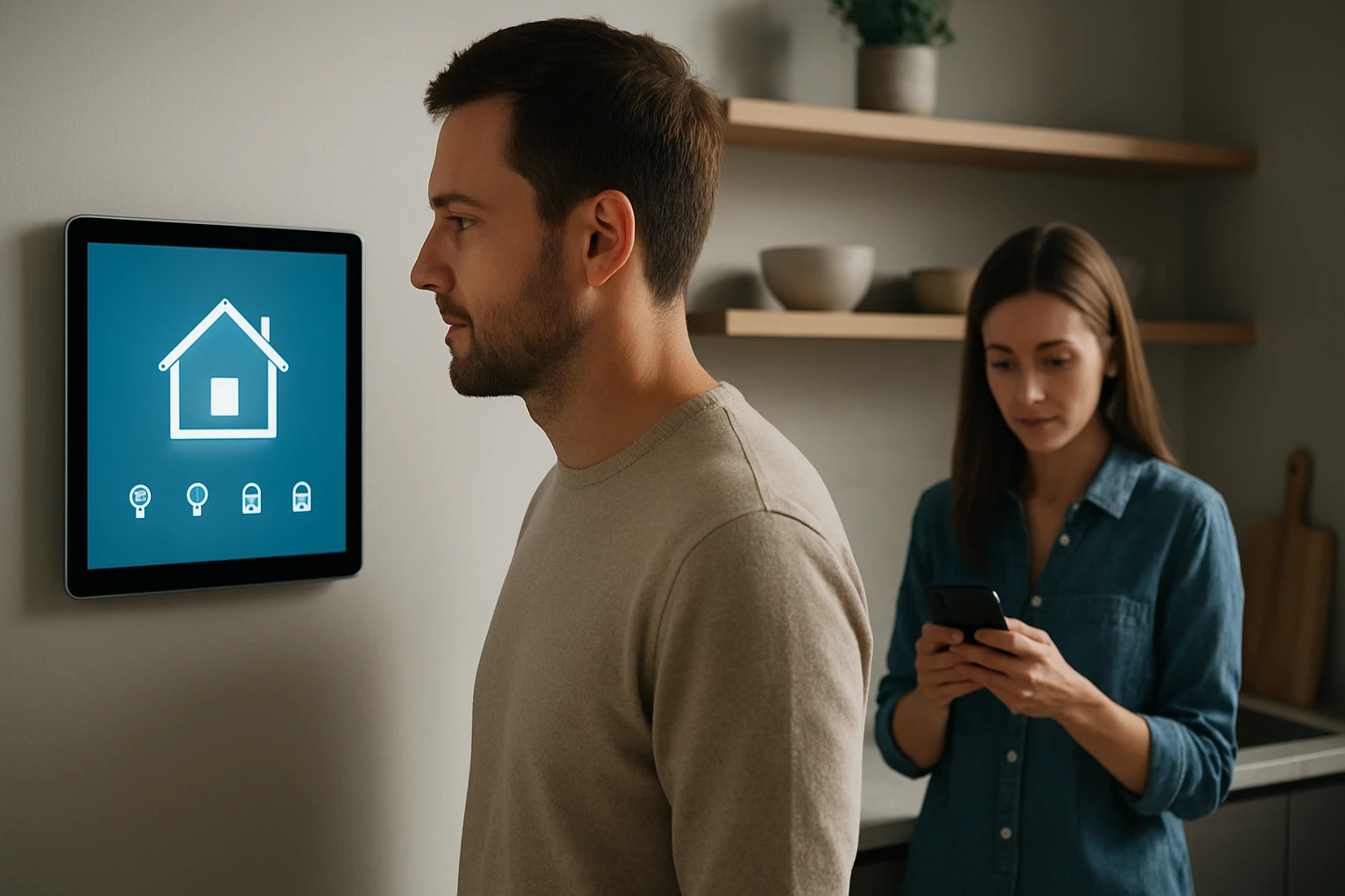 Egy férfi egy okosotthon kijelző előtt áll, míg egy nő telefonozik a háttérben.