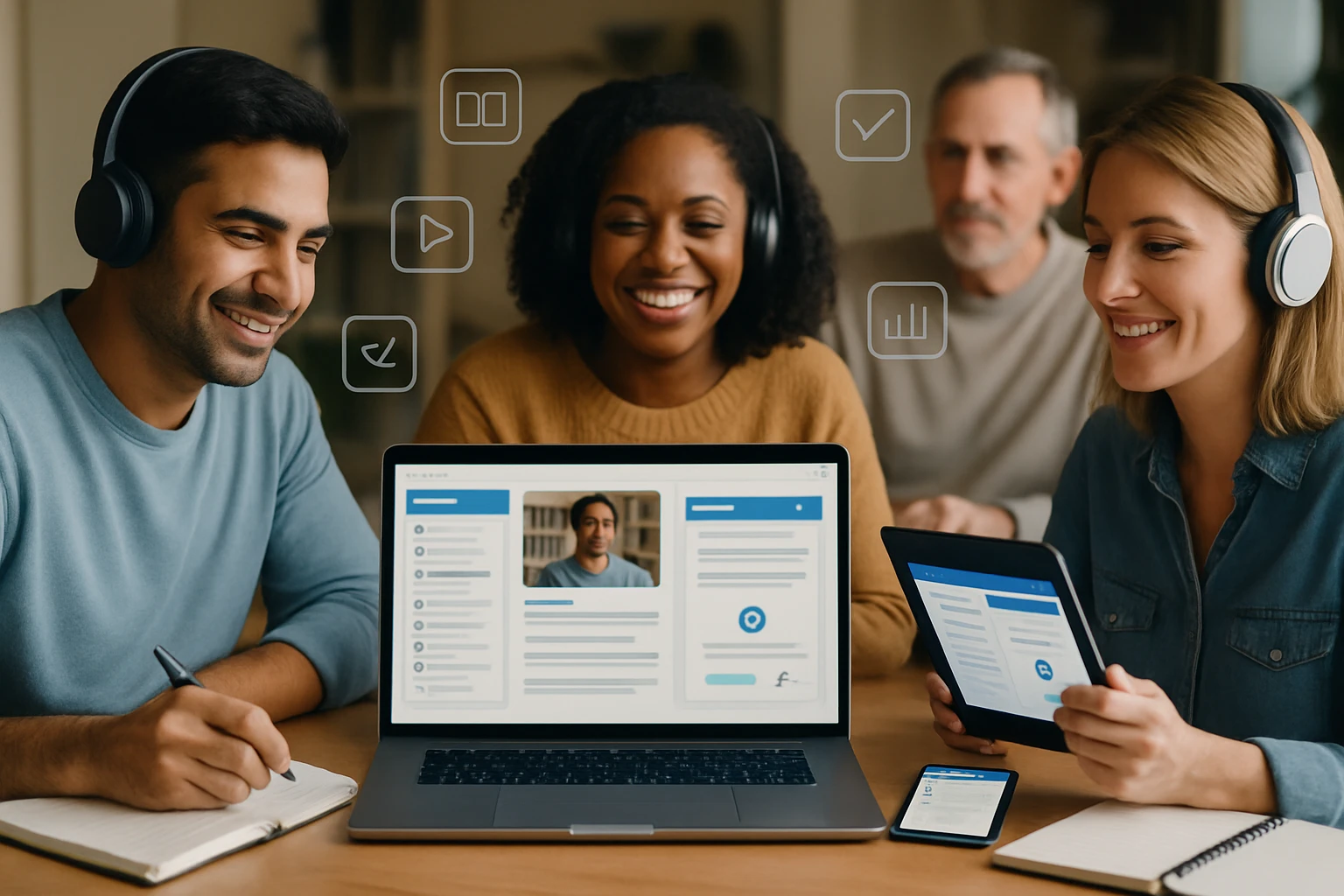 Négy ember, akik online tanuláson vesznek részt, laptop és táblagép előtt ülnek.