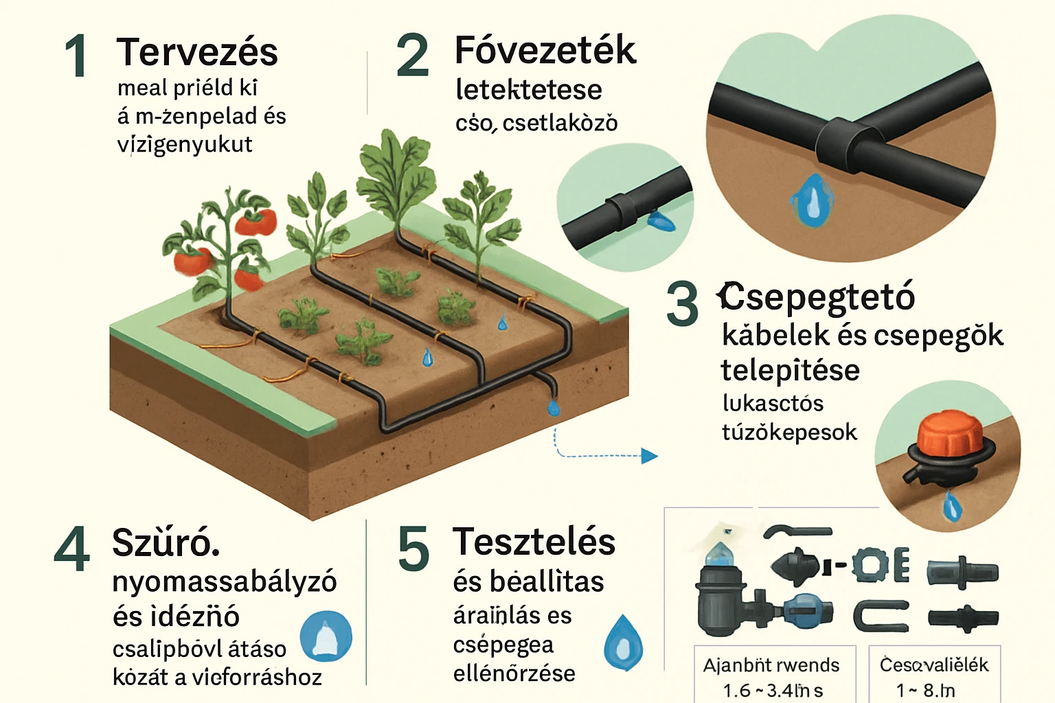 Öntözőrendszer telepítési lépései: tervezés, csövek, csepegők, szűrők és tesztelés.
