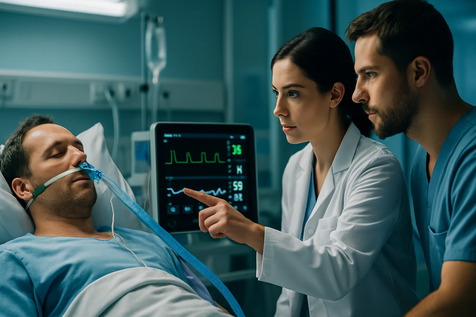 Kórházban fekvő beteg, lélegeztetőgépen, orvosok figyelik az állapotát.