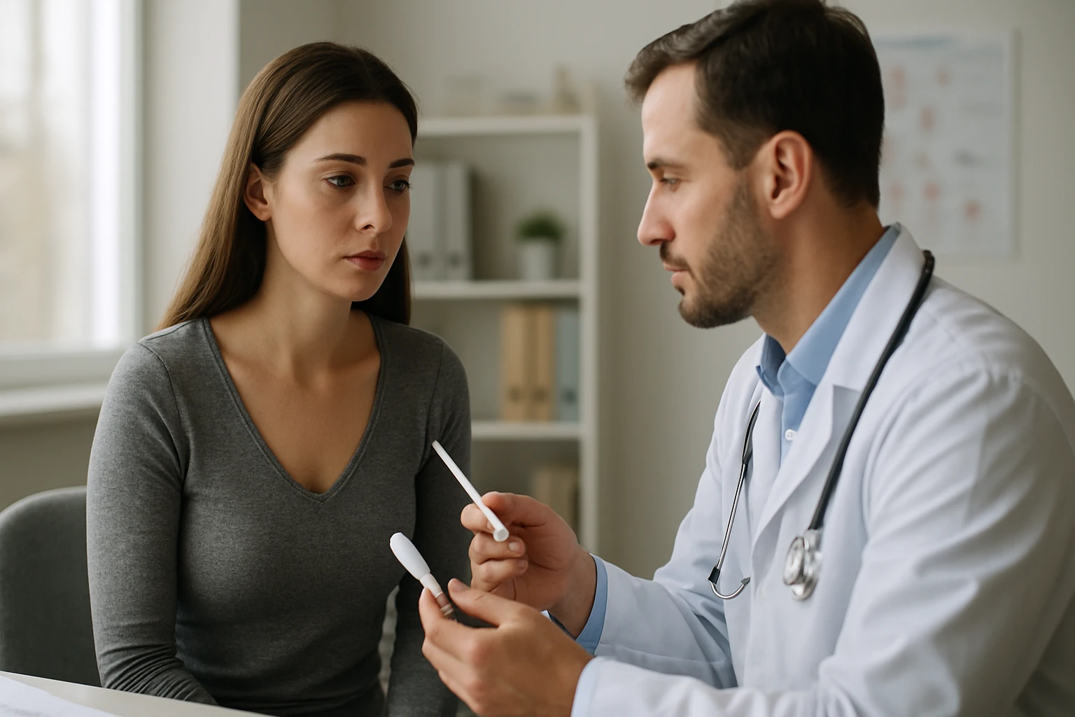 Egy orvos és egy nő beszélgetnek a rendelőben, orvosi eszközöket mutatva.