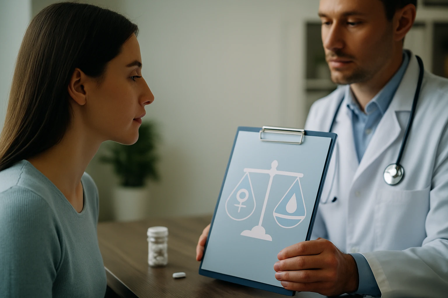 Egy orvos és egy nő beszélget a gyógyszerekről, miközben egy mérleg szimbólumot mutat.