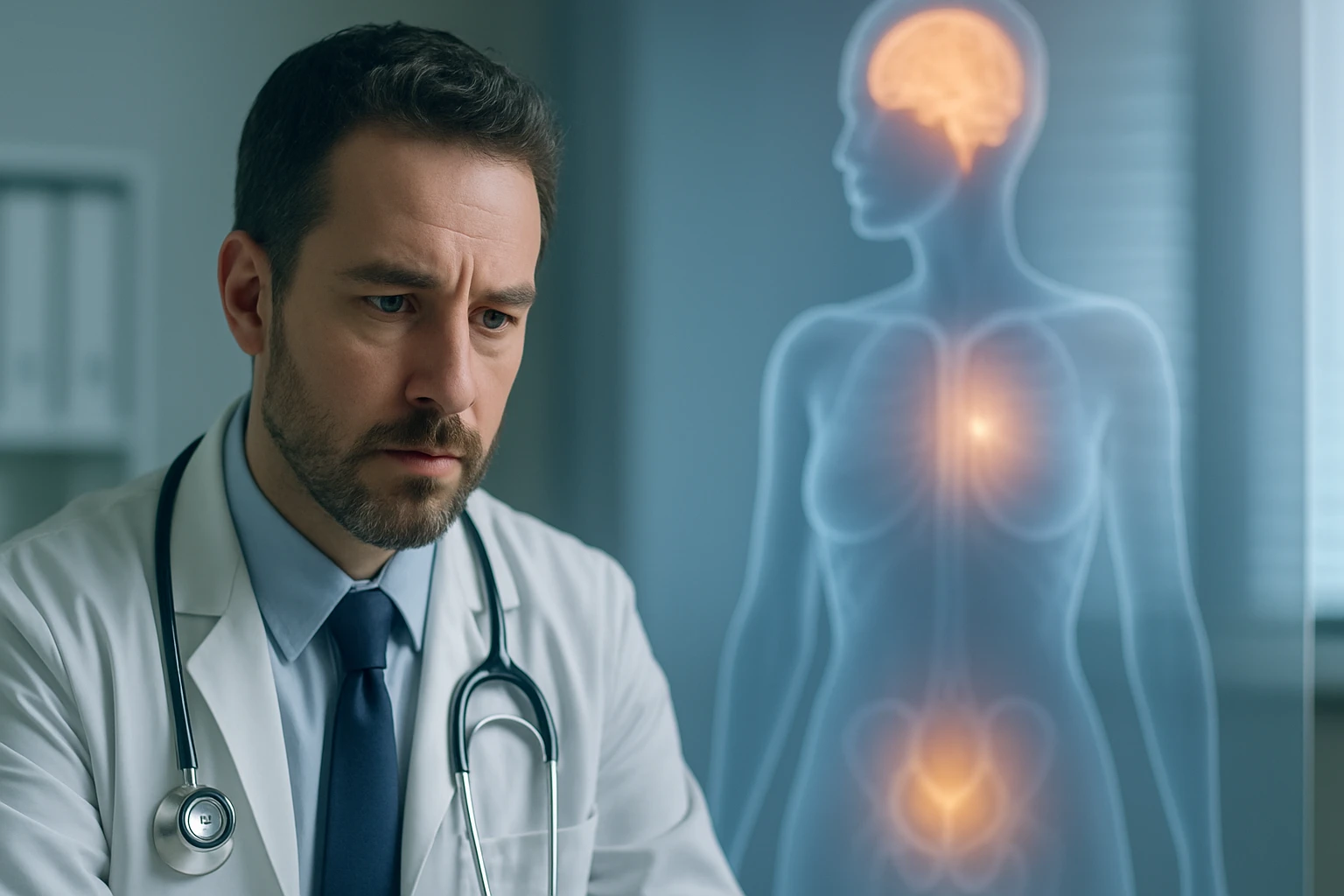 Egy orvos figyelmesen nézi a holografikus emberi testet, amelyen a belső szervek láthatók.