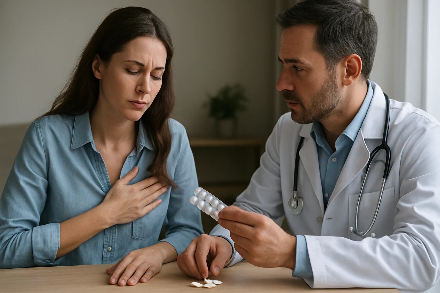 Egy orvos és egy nő beszélget, a nő mellkasi fájdalomra panaszkodik.