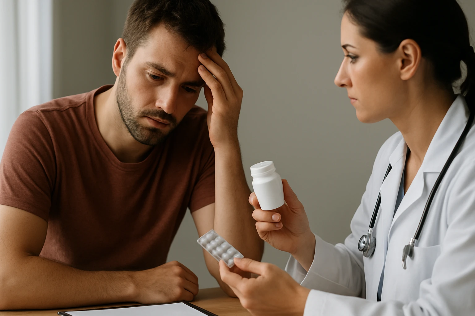 Egy orvos gyógyszereket mutat egy szorongó férfinak, aki aggódik.