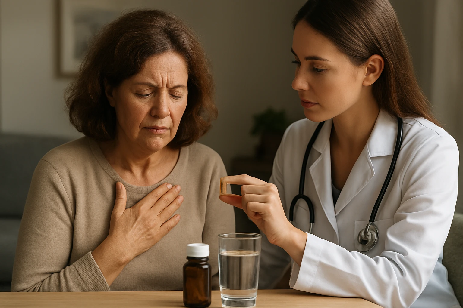 Egy orvos gyógyszert mutat egy aggódó nőnek, aki a szívét fogja.