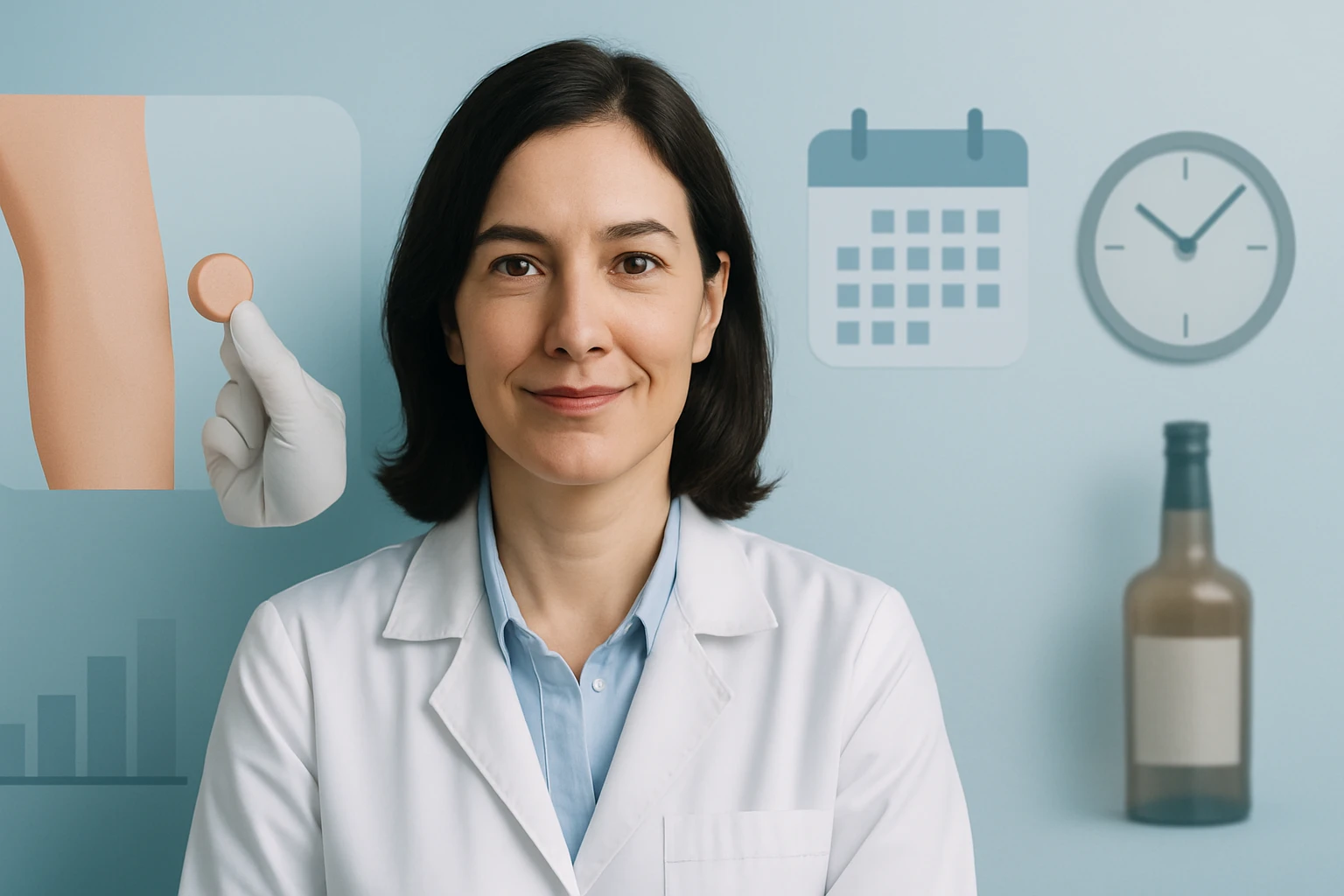 Egy orvos mosolyog, miközben egy vakcinát mutat, háttérben grafikonok és időpontok.