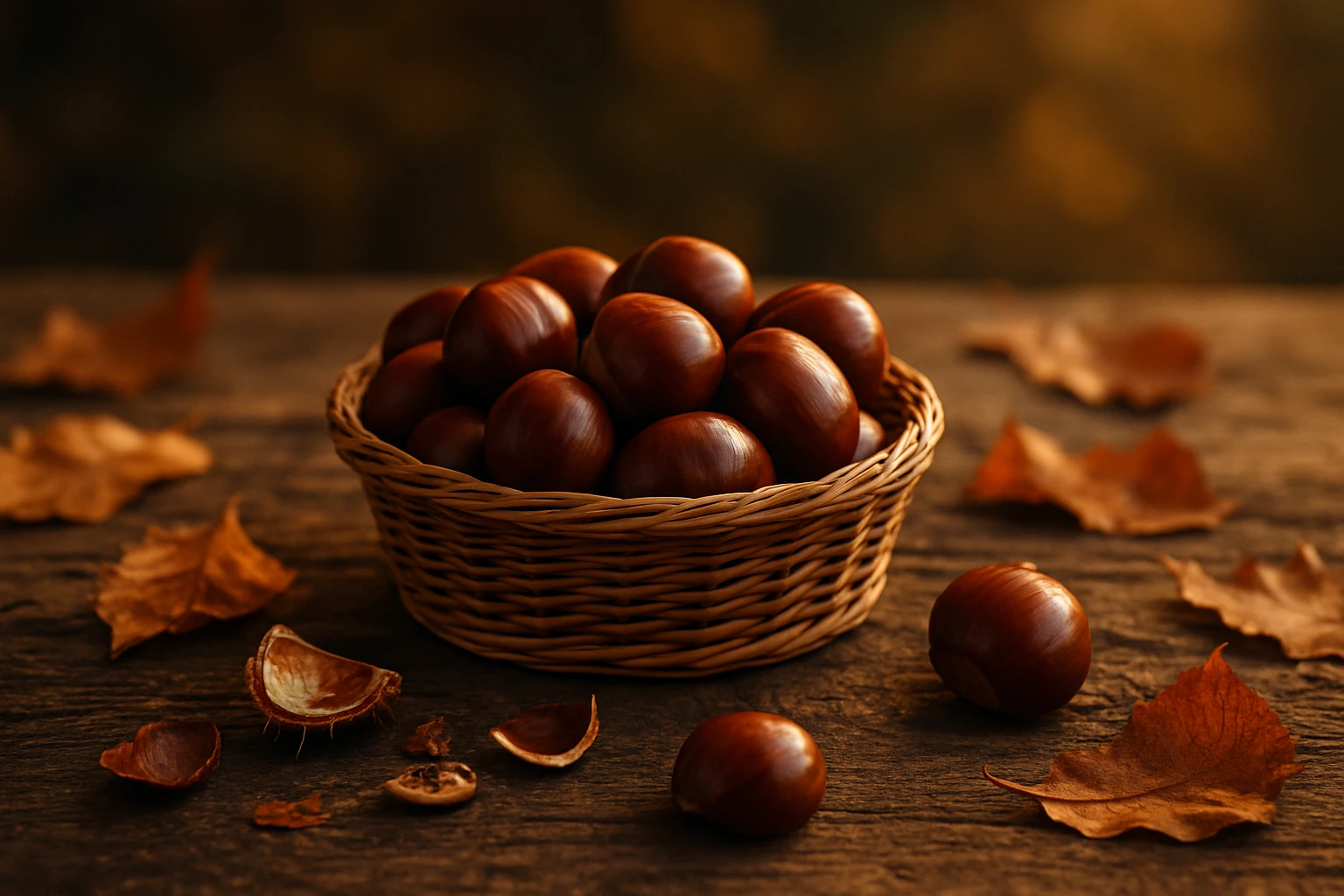 Kerek, fényes gesztenyék egy fonott kosárban, száraz levelek között.