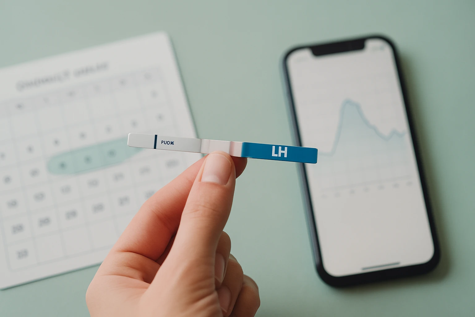 Egy kézben tartott ovulációs tesztcsík, háttérben naptár és telefon grafikonja.