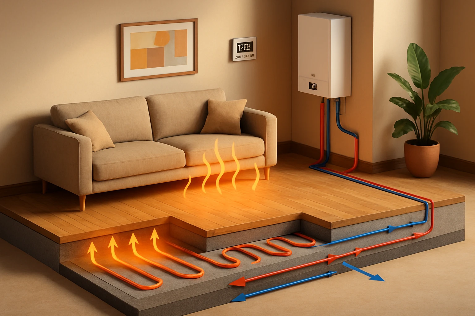 Egy modern nappali, ahol a padlófűtés csövei láthatók a bútor alatt.