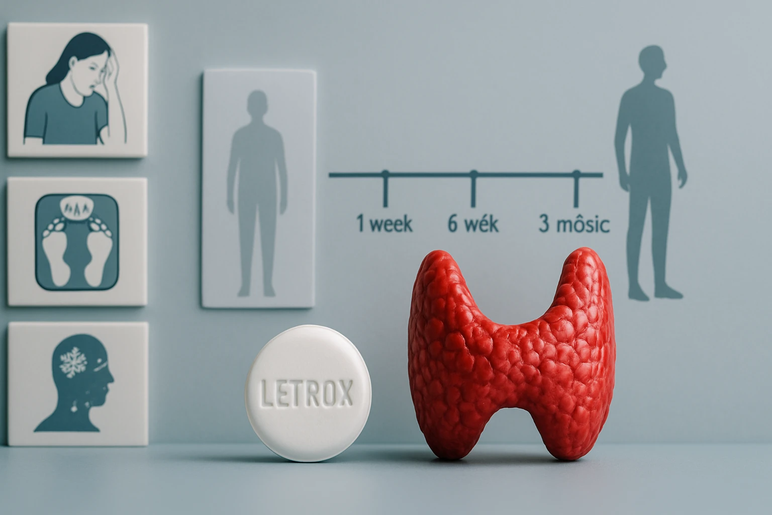 Egy piros pajzsmirigy modell és egy LETROX tabletta, háttérben egészségügyi ikonokkal.