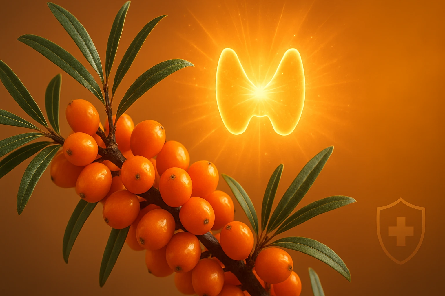 Egy ágon narancssárga bogyók találhatók, zöld levelekkel, háttérben egy fénylő pajzsmirigy szimbólummal.