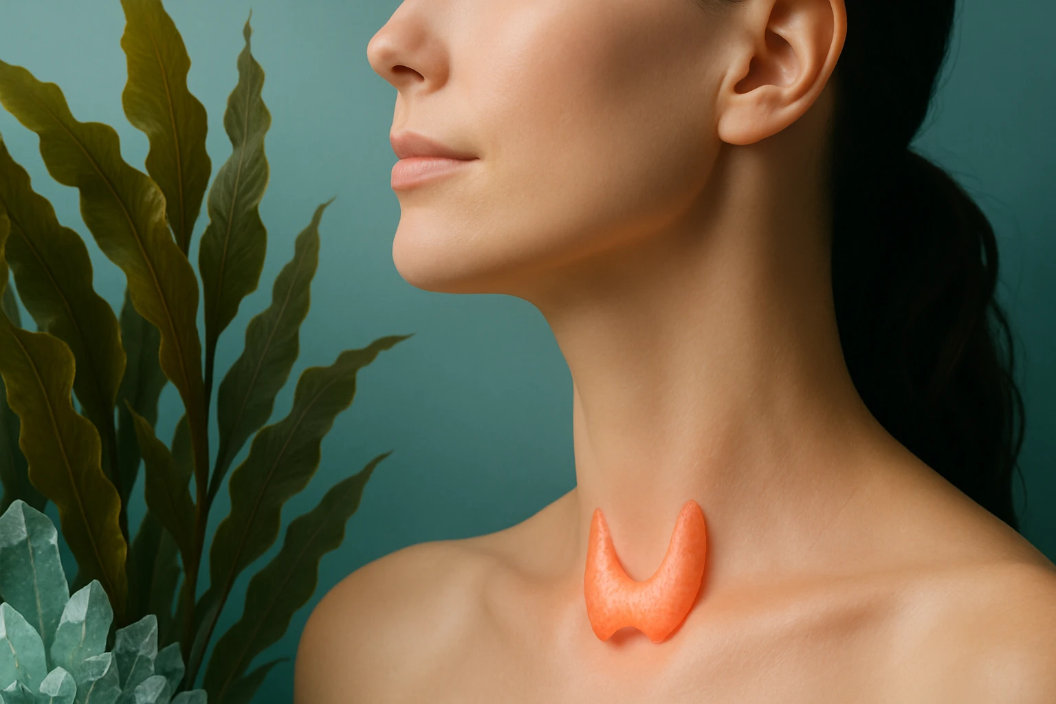 Egy nő profilja, a nyakán egy narancsszínű pajzsmirigy szimbólummal.