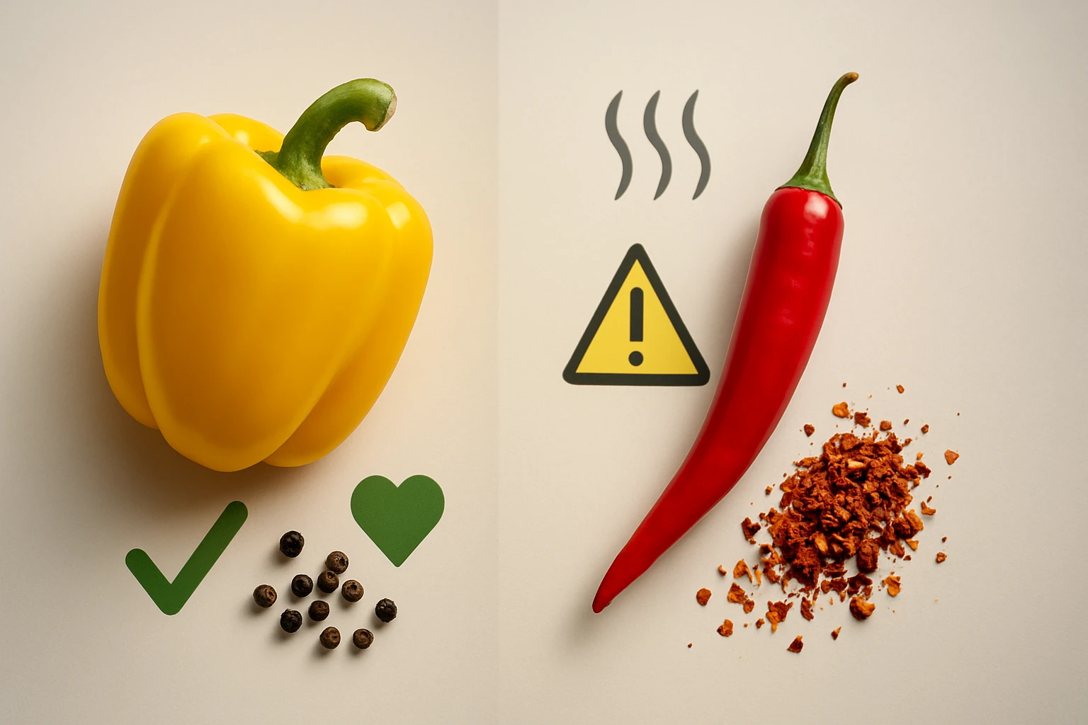 Sárga paprika és piros chili, mellette fűszerek és figyelmeztető jelzés.