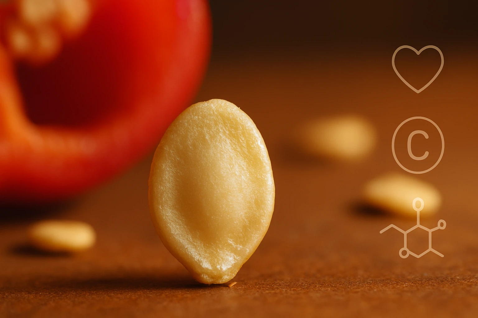 Paprika mag – kis összetevő, nagy hatás az egészségre 2 Egy piros paprika magja, háttérben más paprika darabokkal.