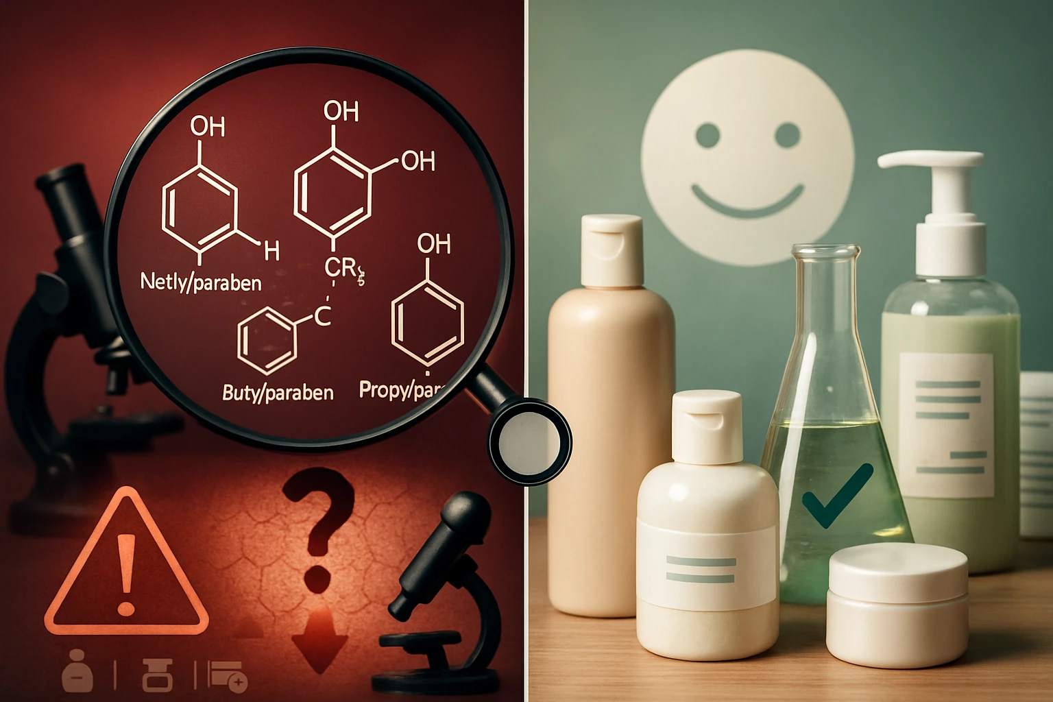 Mikroszkóp alatt paraben molekulák, figyelmeztető jelzések és kozmetikai termékek.