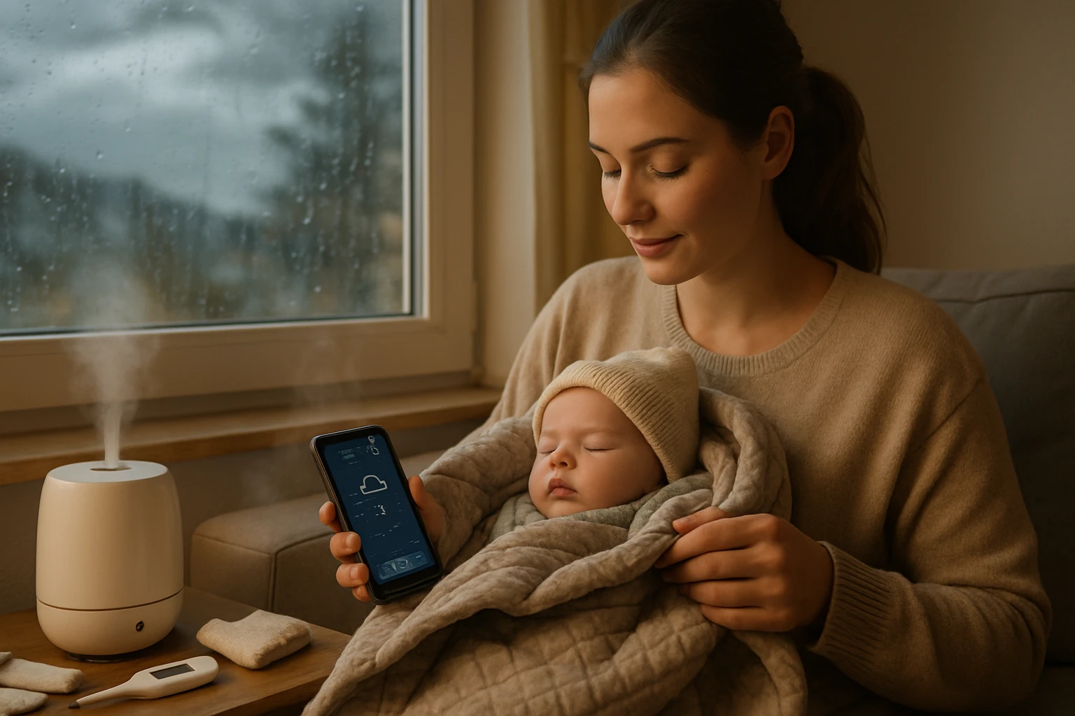 Egy nő a karjában tartja alvó babáját, miközben okostelefonján nézi a levegő párásító beállításait.