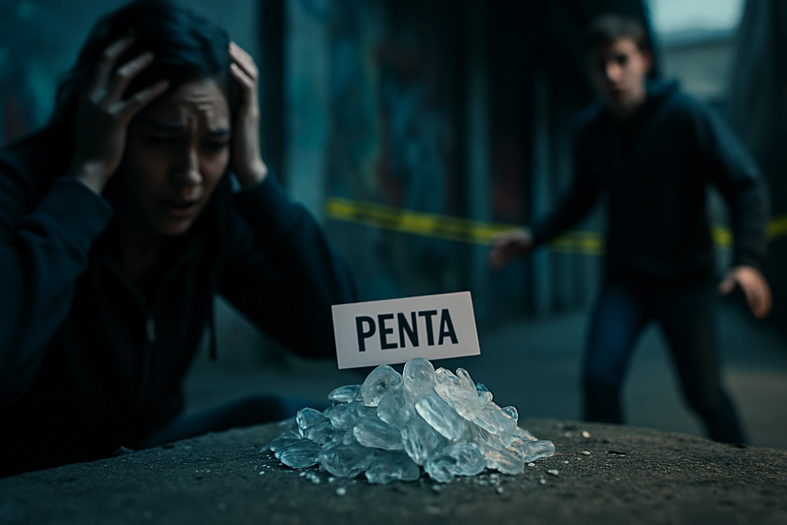 Penta kristálydrog – veszélyes trend a fiatalok körében 2 Egy nő kétségbeesetten néz egy jéghegyre, amelyen a 'PENTA' felirat látható.