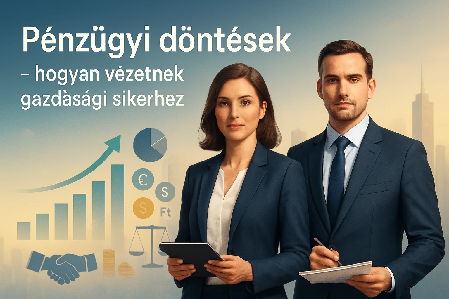 Két üzleti öltönyös szakember áll a háttérben, pénzügyi grafikonokkal.