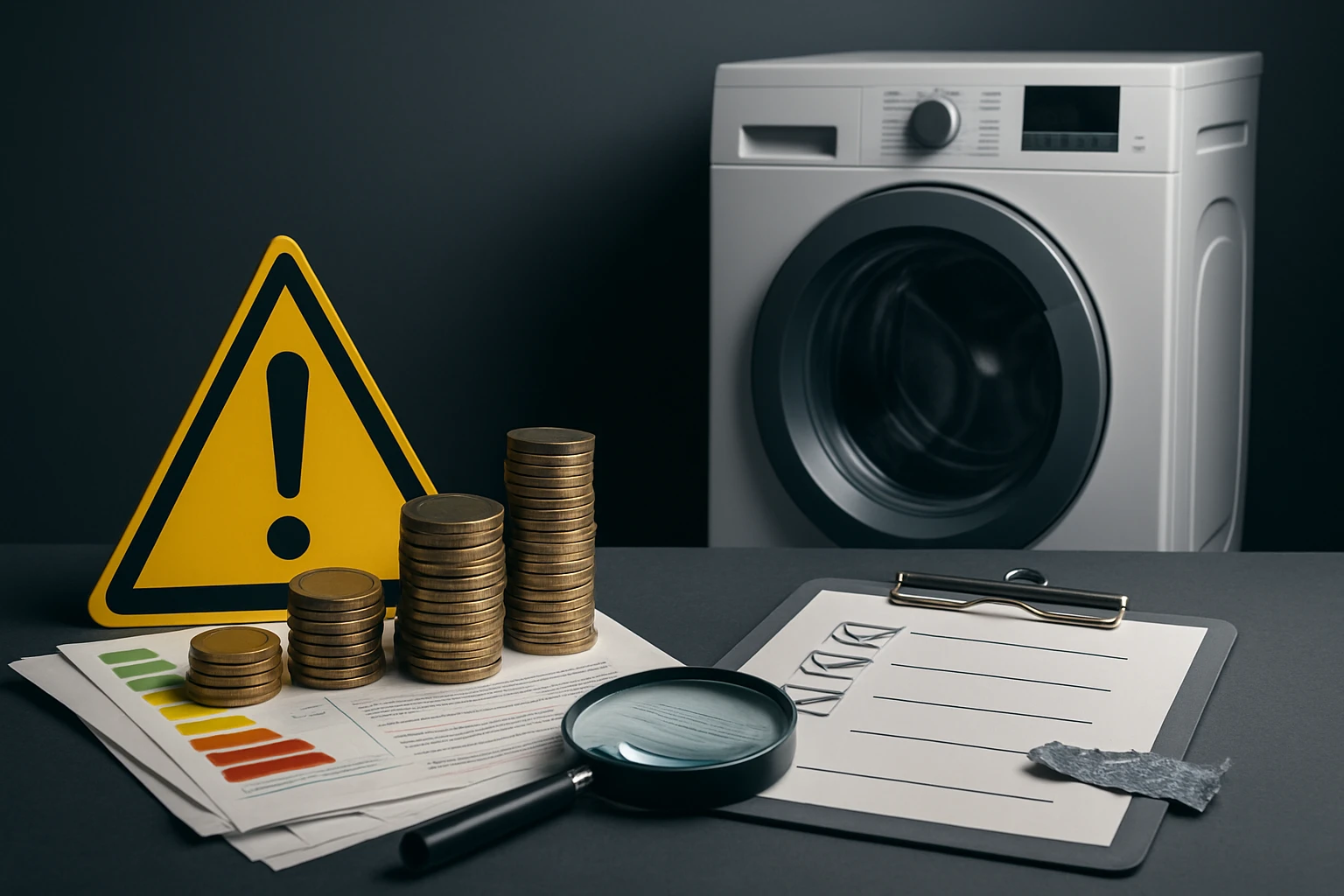 Egy mosógép, pénzérmék, figyelmeztető tábla és dokumentumok egy asztalon.