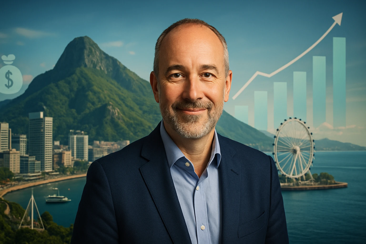 Egy mosolygó férfi, háttérben hegyek és város, pénzügyi növekedést szimbolizáló grafikonokkal.