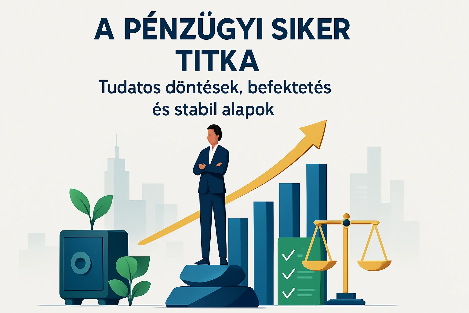 Egy üzletember áll a pénzügyi növekedést szimbolizáló grafikon előtt, mellette zöld növények.