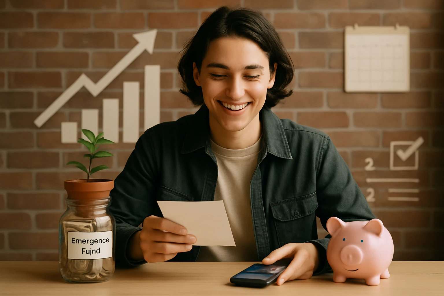 Egy fiatal férfi mosolyogva nézi a kezében tartott papírt, miközben a telefonja mellett ül.