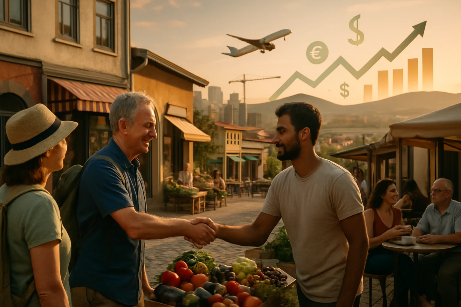 Két férfi kezet fog a piacon, háttérben gyümölcsök és egy repülőgép.
