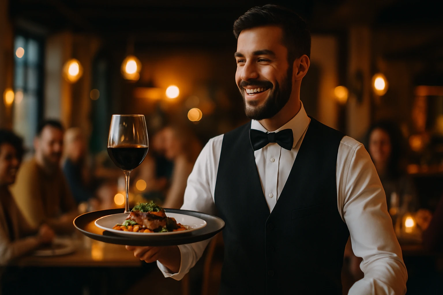 Egy mosolygó pincér tálcán ételt és bort szolgál fel egy étteremben.