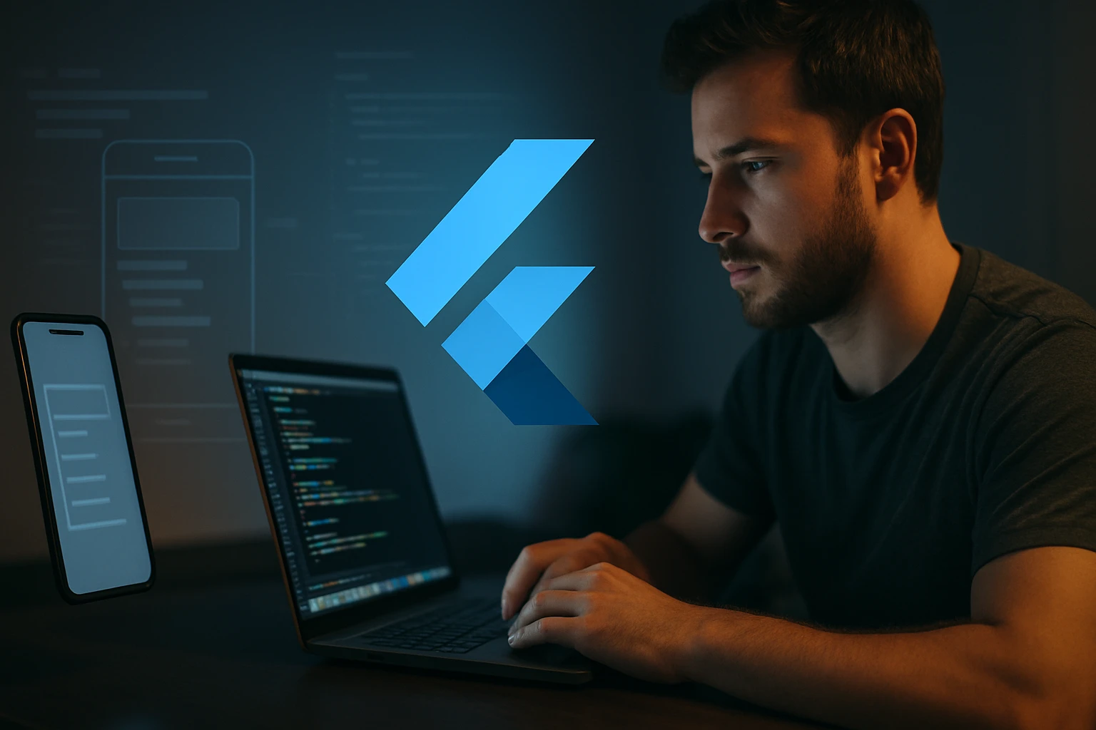 Egy fiatal férfi programozik egy laptopon, mellette egy okostelefon.
