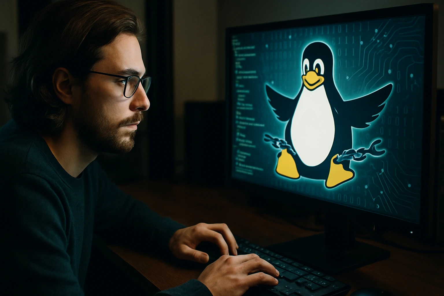 Egy fiatal férfi számítógép előtt ül, a képernyőn a Tux pingvin látható.
