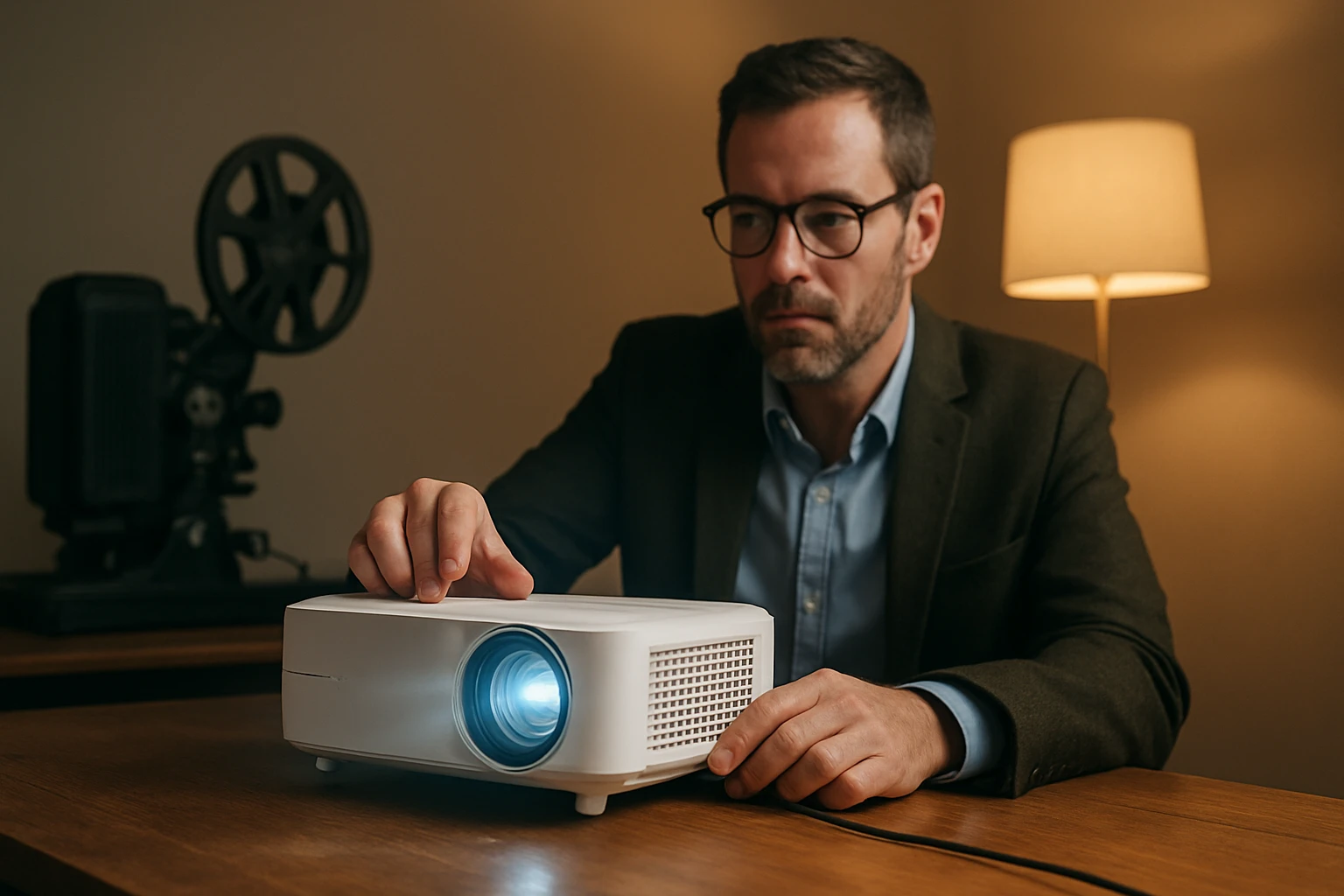 Egy férfi egy projektor mellett ül, kezével a készüléket állítja.