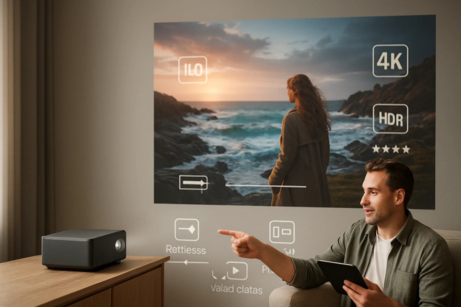 Egy férfi egy projektorral néz egy tengerparti tájat ábrázoló filmet.