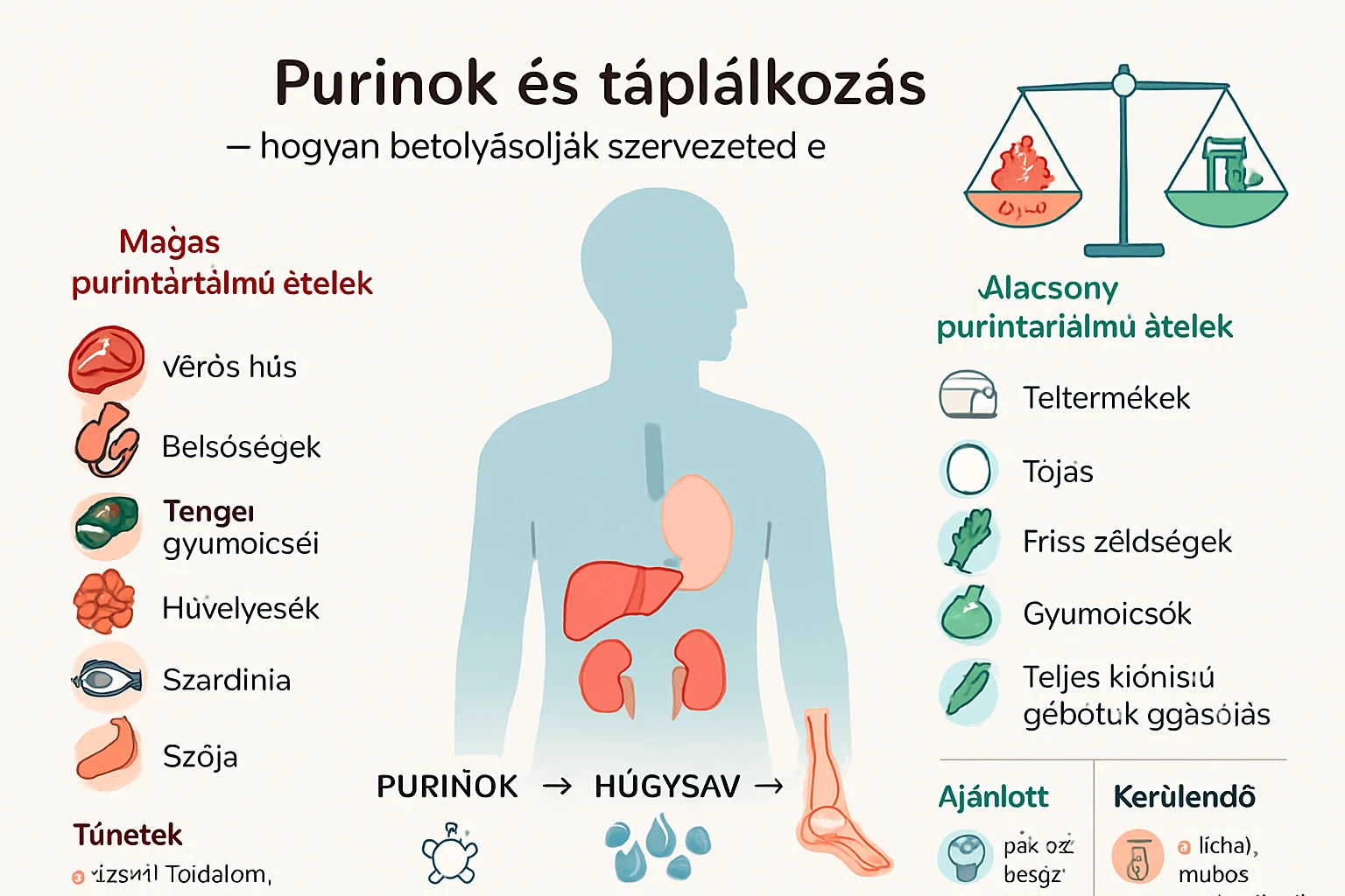 Az emberi test sziluettje, purinok és táplálkozás kapcsolata, ételek listájával.