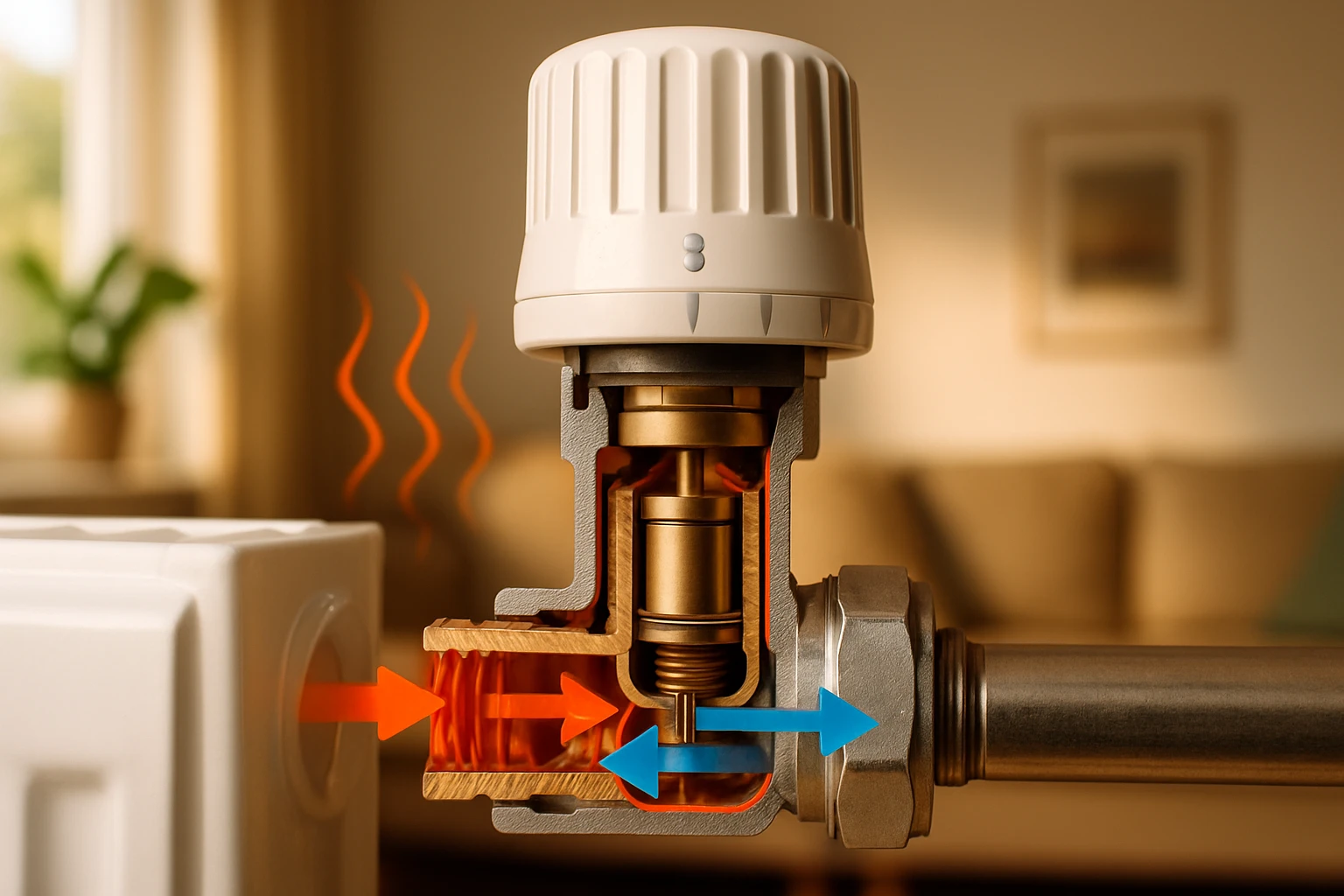 Egy radiátor termosztátja, amely a fűtés szabályozására szolgál.