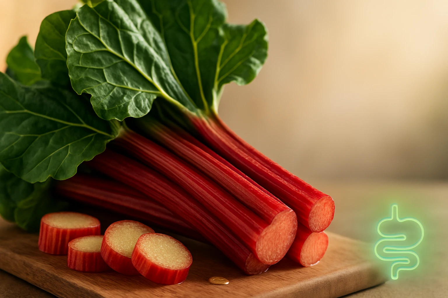 Friss rebarbara szárak és szeletek egy vágódeszkán, zöld levelekkel.