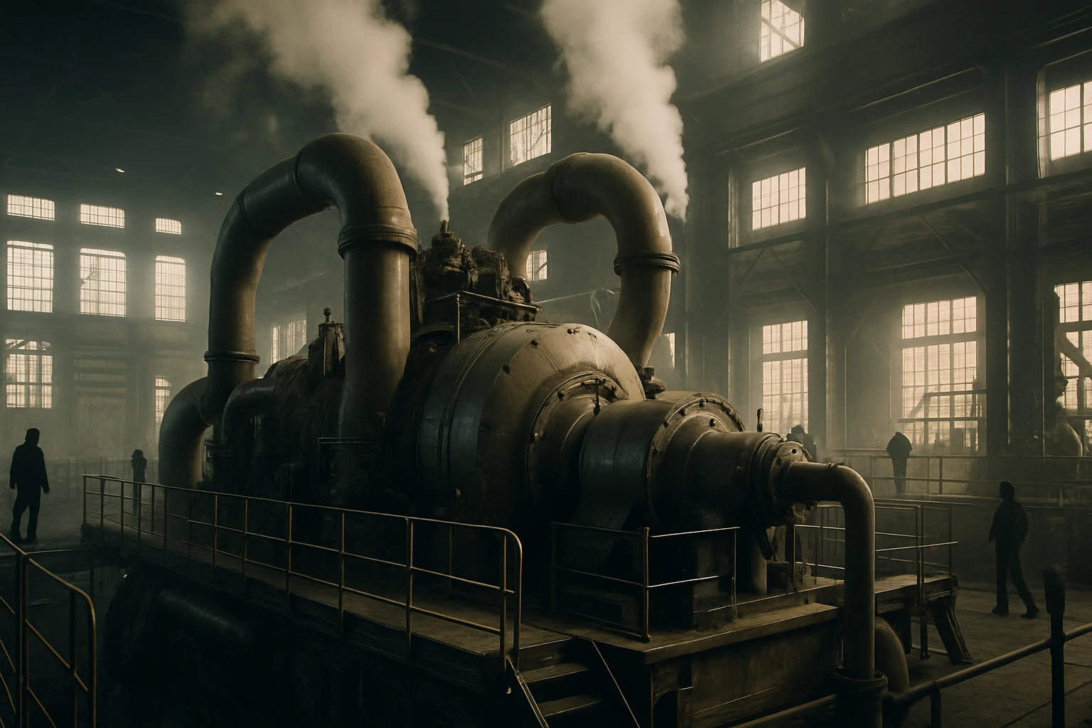 Egy régi ipari gép, amelyből gőz száll fel, sötét gyárban.