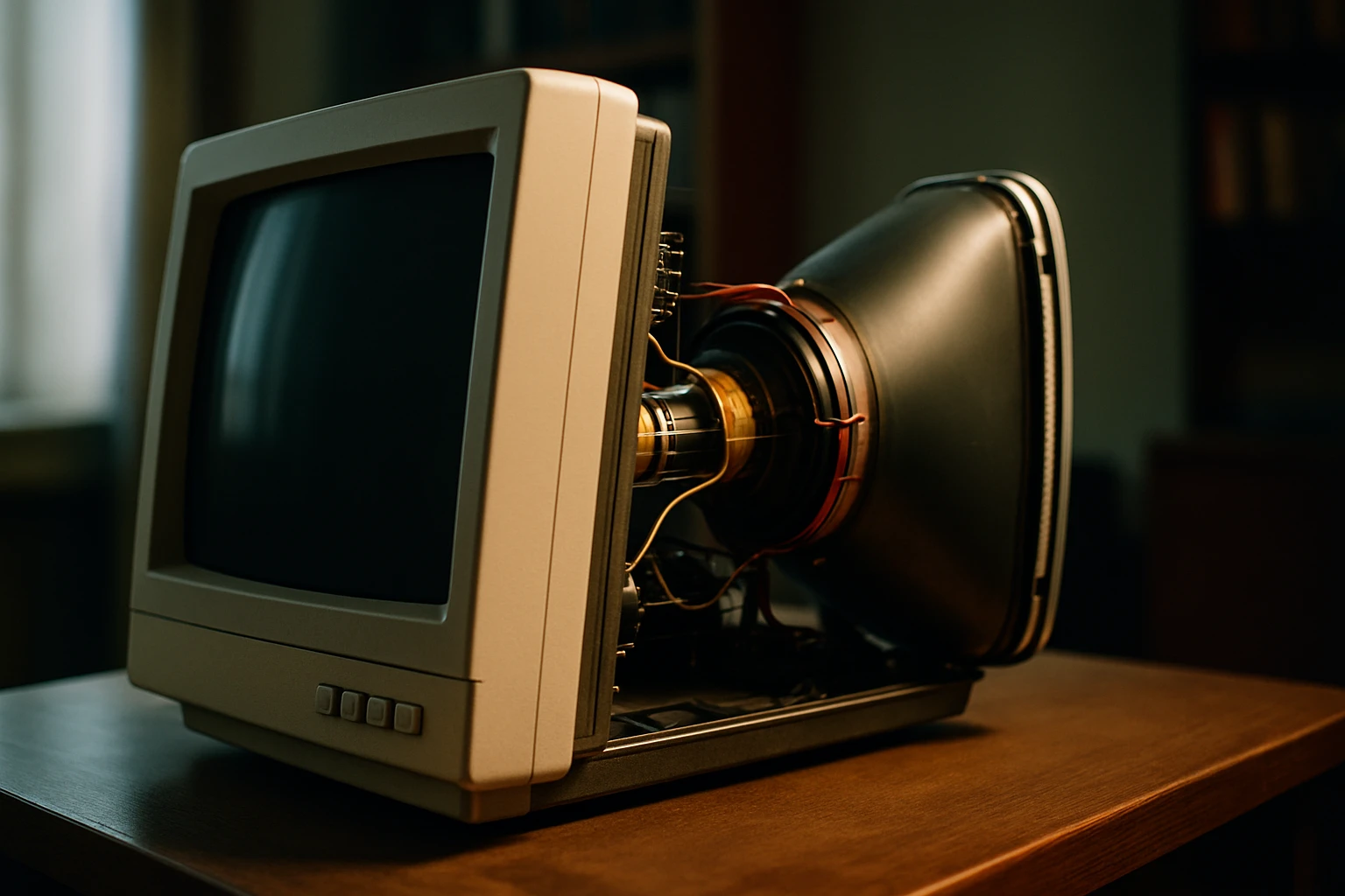 Egy régi számítógép monitor, amelynek hátulja látható, részben szétszerelve.