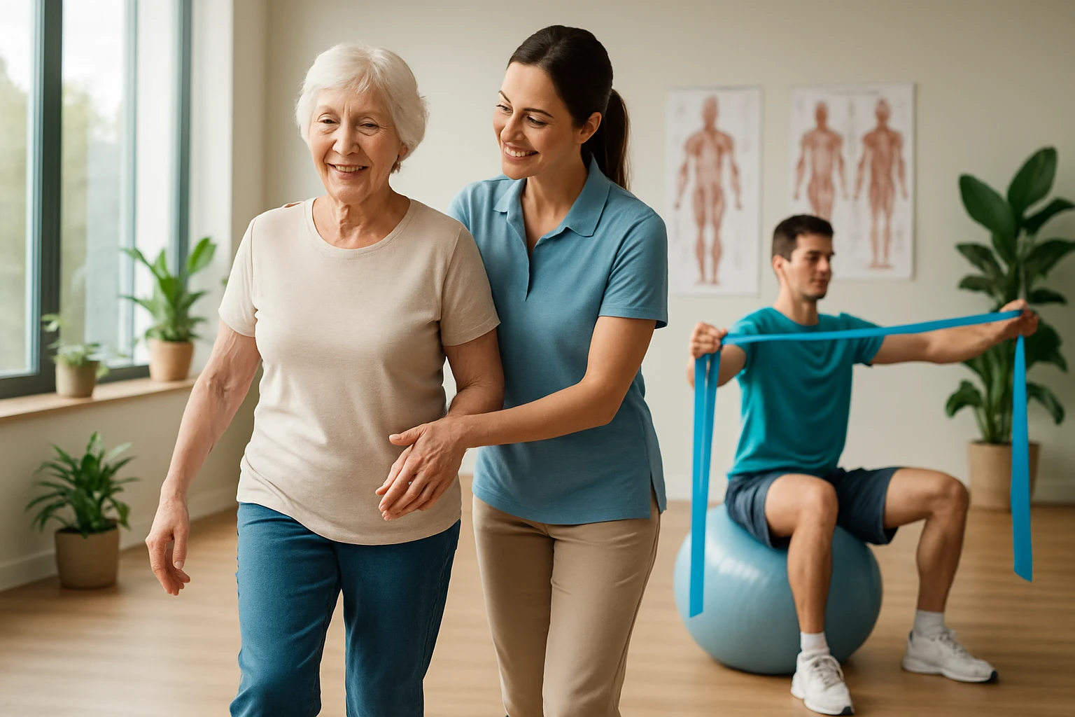 Idős nő és fiatal nő segítik egymást a rehabilitációs gyakorlatok során.